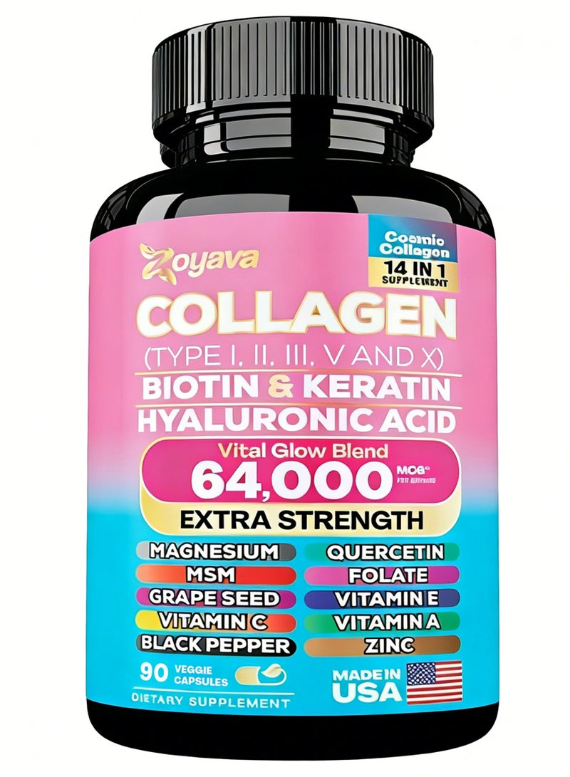 كولاجين حبوب الكولاجين، ببتيدات من النوع الأول والثاني والثالث والخامس والعاشر، MCG، بيوتين، كيراتين، حمض الهيالورونيك، MSM، فيتامين، حمض الفوليك، زنك، مغنيسيوم مع مستخلص بذور العنب، كيرسيتين لصحة البشرة والشعر والمفاصل، 90 كبسولة - Image 1